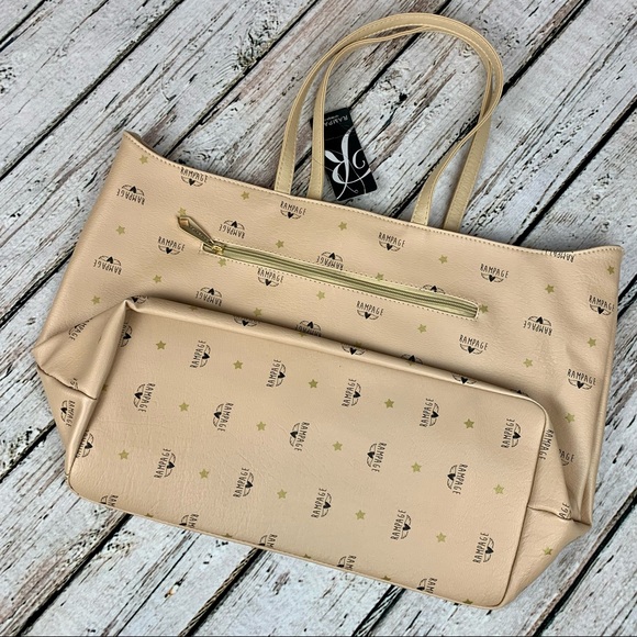 NWT Rampage Wing Logo Shoulder Bag Tote Purse Carryall Roomy Almond - Picture 4 of 14